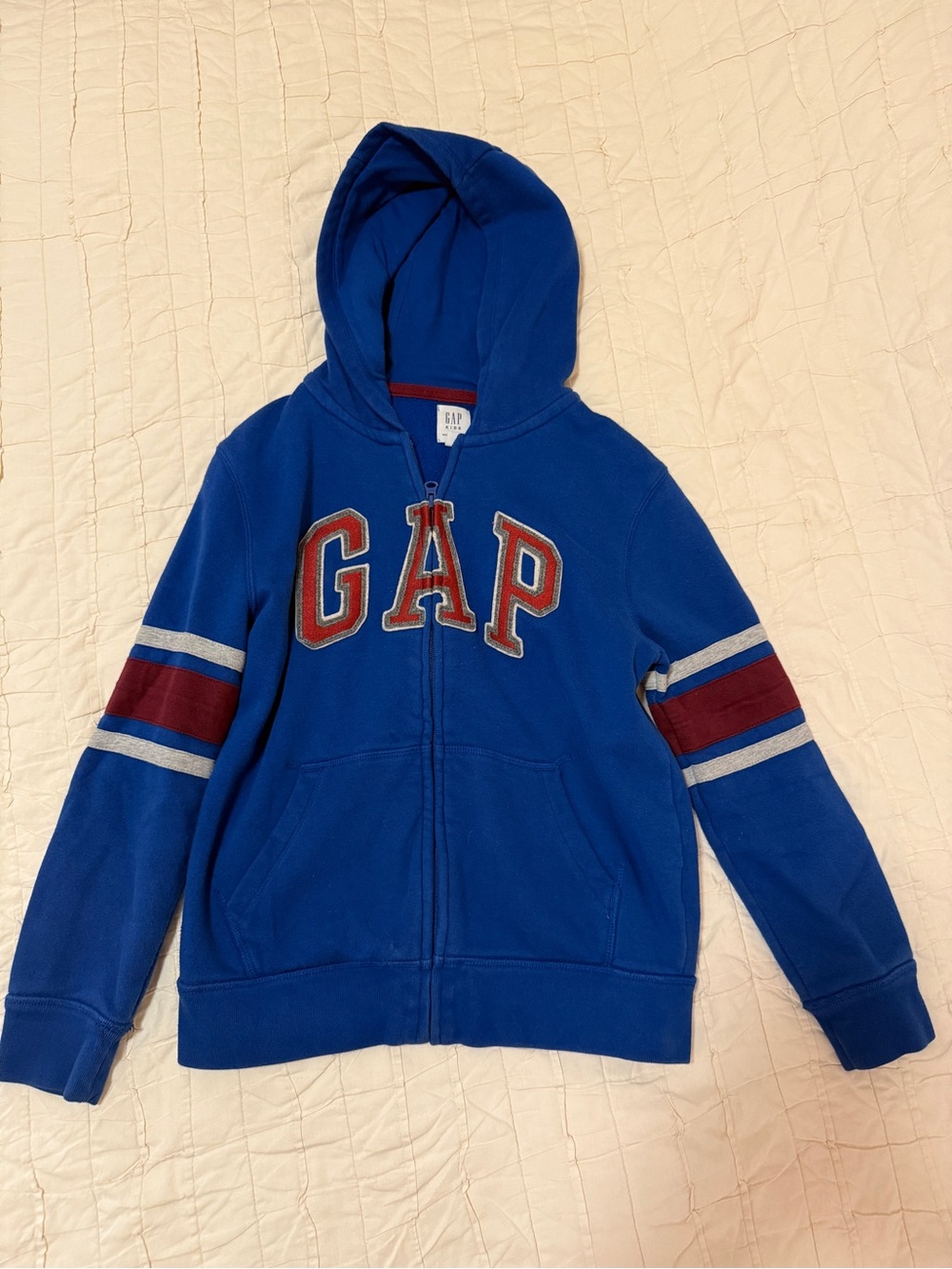 Boys GAP Royal Blue Hooded Zip Sweatshirt with Maroon & Gray Stripes Size 10-11